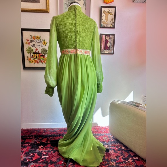 1970s Chartreuse Chiffon Victorian Medieval Revival Maxi Dress Gown - Picture 4 of 9